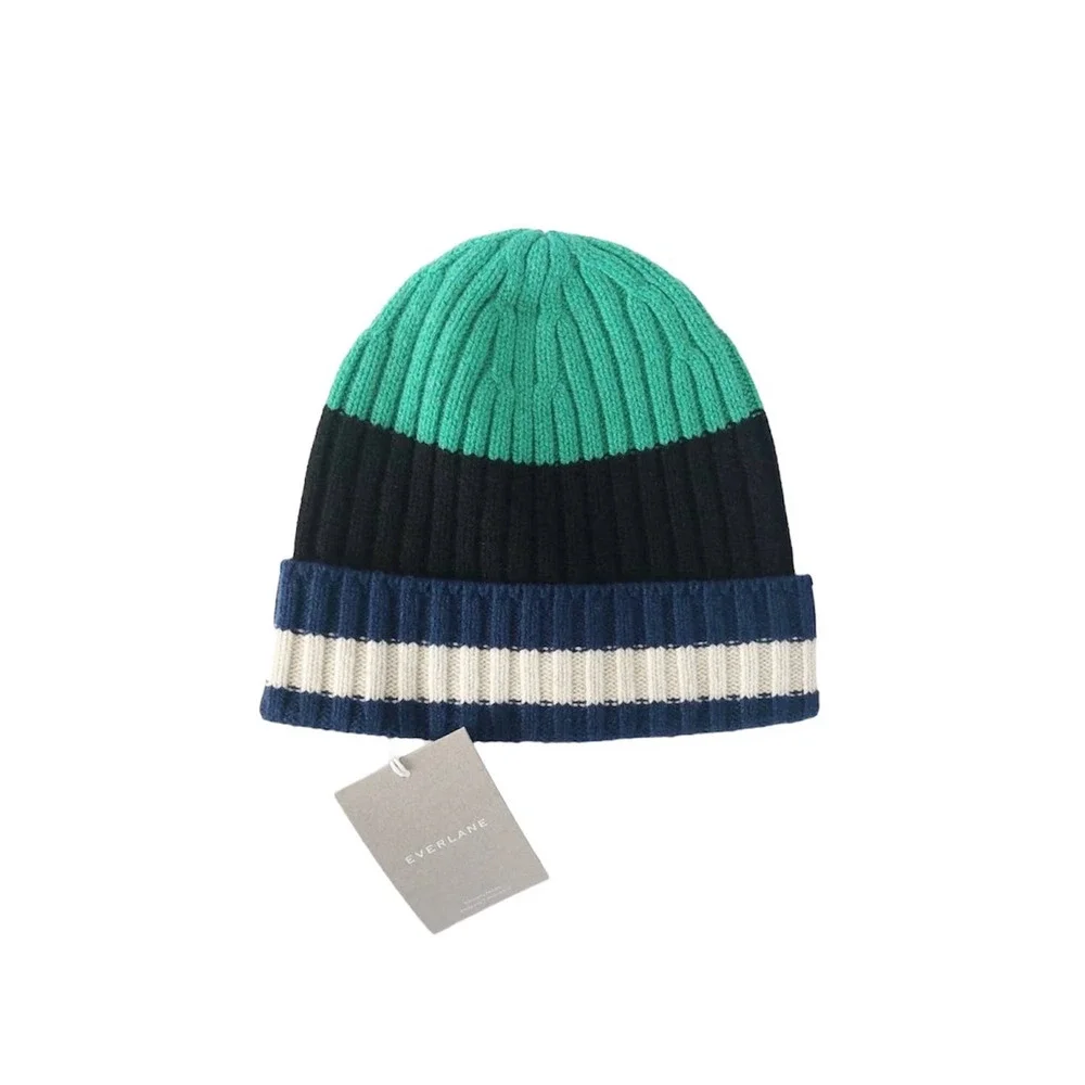Everlane The Cashmere Unisex Beanie Bright Navy Multi Stripe NWT